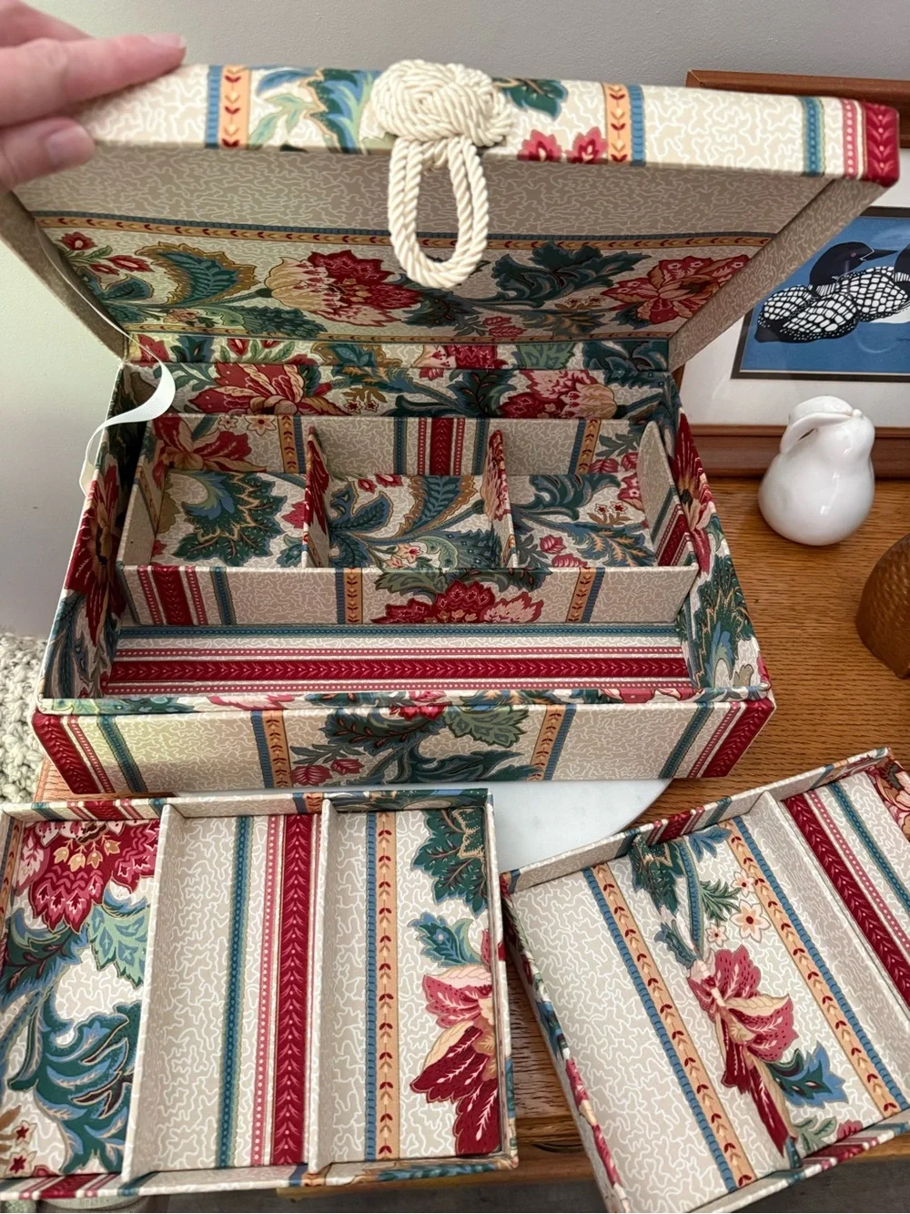 Vintage Rosenthal Fabric covered jewelry boxes photo storage rope detail floral